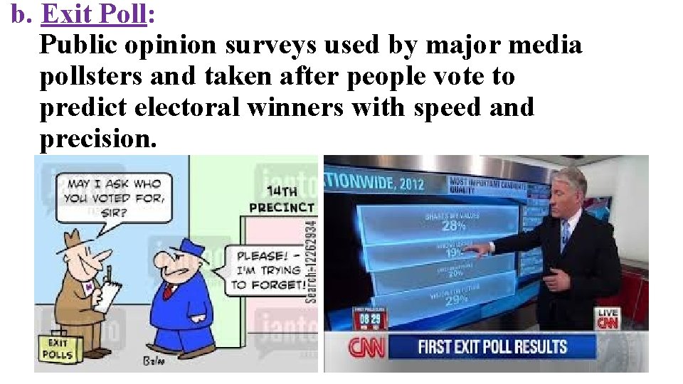 b. Exit Poll: Public opinion surveys used by major media pollsters and taken after