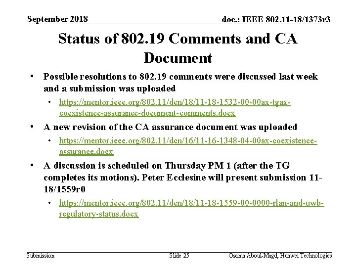 September 2018 doc. : IEEE 802. 11 -18/1373 r 3 Status of 802. 19