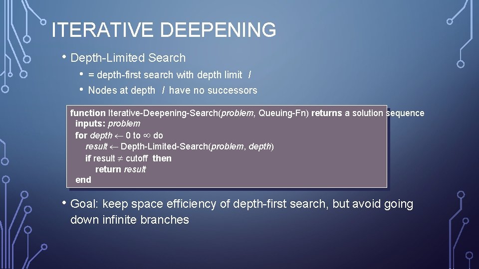 ITERATIVE DEEPENING • Depth-Limited Search • • = depth-first search with depth limit l