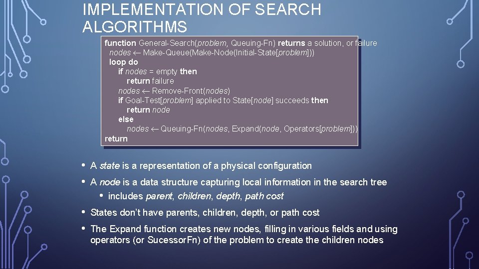 IMPLEMENTATION OF SEARCH ALGORITHMS function General-Search(problem, Queuing-Fn) returns a solution, or failure nodes ¬