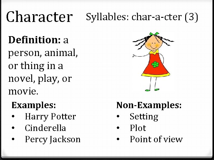 Character Syllables: char-a-cter (3) Definition: a person, animal, or thing in a novel, play,