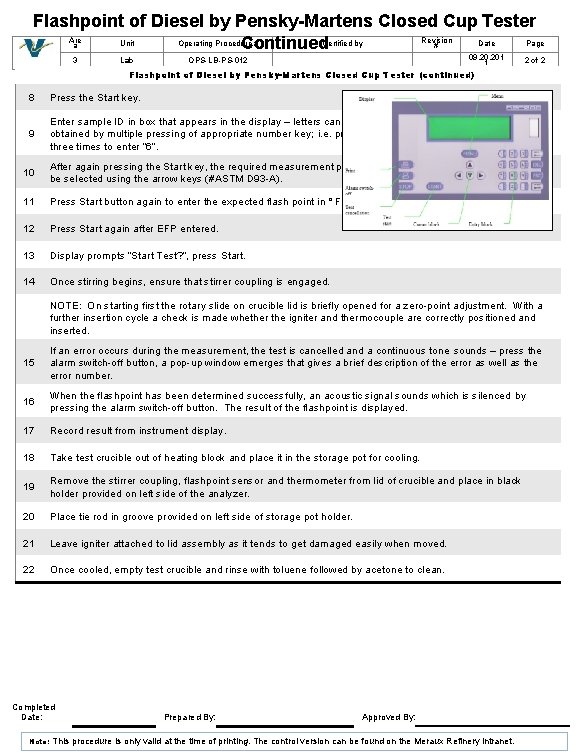 Flashpoint of Diesel by Pensky-Martens Closed Cup Tester Are Revision Unit Operating Procedure #