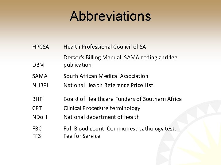 Abbreviations HPCSA Health Professional Council of SA DBM Doctor's Billing Manual. SAMA coding and