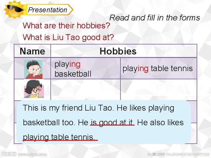 Presentation Read and fill in the forms What are their hobbies? What is Liu