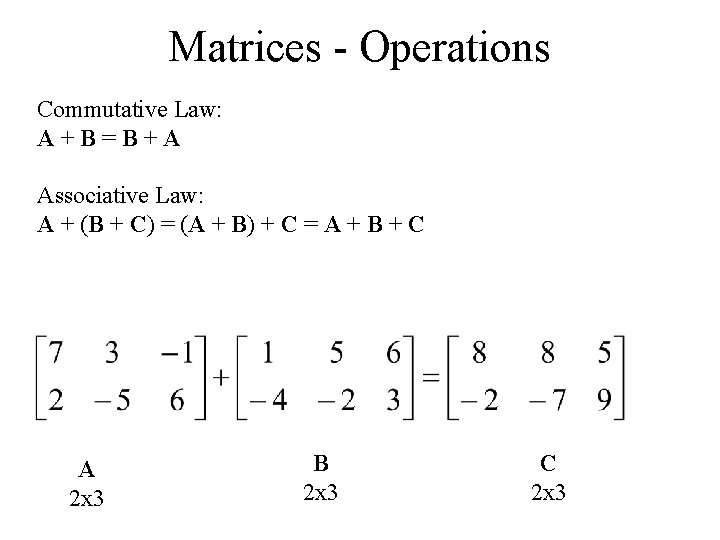Matrices - Operations Commutative Law: A+B=B+A Associative Law: A + (B + C) =