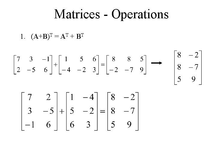 Matrices - Operations 1. (A+B)T = AT + BT 