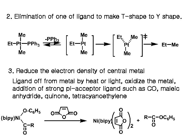 2. Elimination of one of ligand to make T-shape to Y shape. 3. Reduce