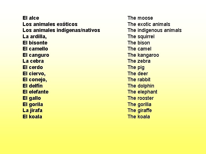 El alce Los animales exóticos Los animales indígenas/nativos La ardilla, El bisonte El camello