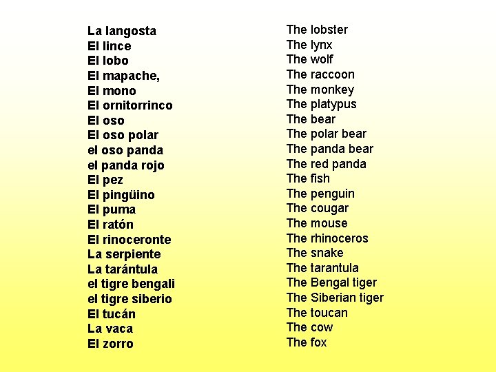 La langosta El lince El lobo El mapache, El mono El ornitorrinco El oso