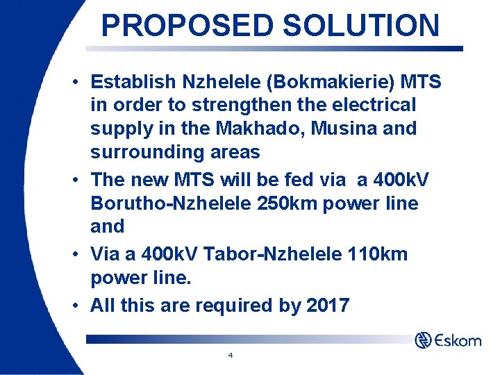 PROPOSED SOLUTION • Establish Nzhelele (Bokmakierie) MTS in order to strengthen the electrical supply