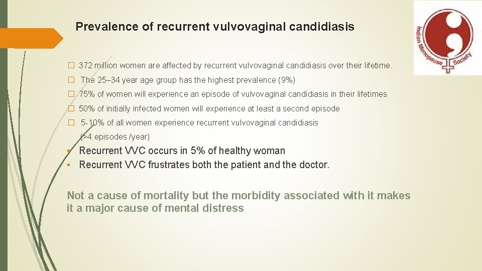 Prevalence of recurrent vulvovaginal candidiasis � 372 million women are affected by recurrent vulvovaginal