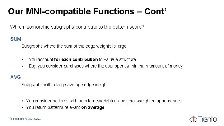 Our MNI-compatible Functions – Cont’ Which isomorphic subgraphs contribute to the pattern score? SUM Our MNI-compatible Functions – Cont’ Which isomorphic subgraphs contribute to the pattern score? SUM
