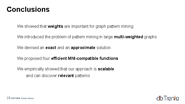Conclusions We showed that weights are important for graph pattern mining We introduced the Conclusions We showed that weights are important for graph pattern mining We introduced the