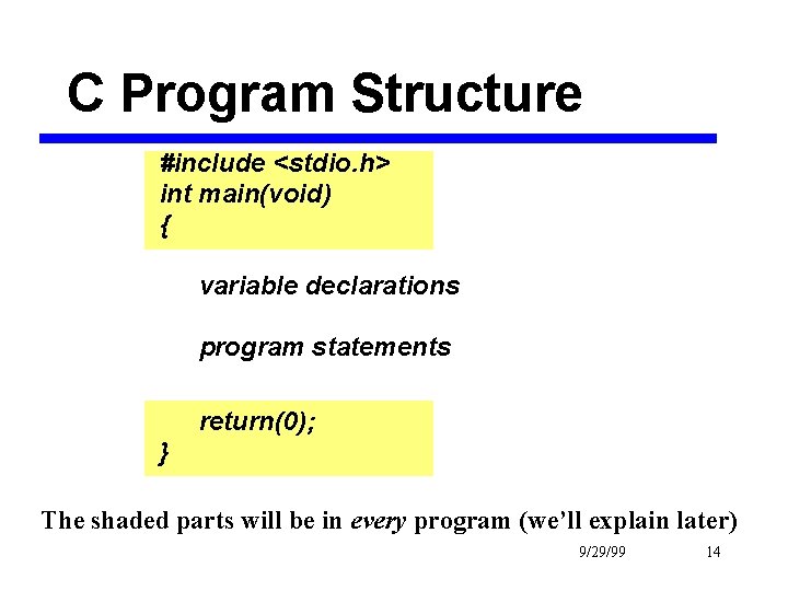 C Program Structure #include <stdio. h> int main(void) { variable declarations program statements return(0);