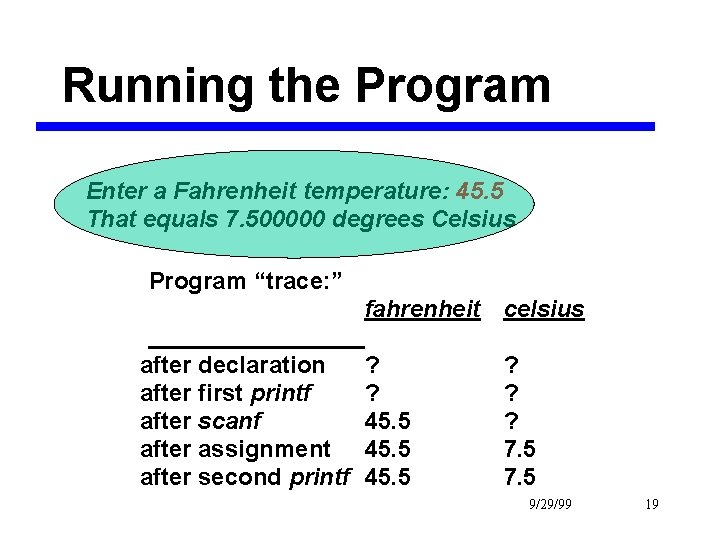 Running the Program Enter a Fahrenheit temperature: 45. 5 That equals 7. 500000 degrees
