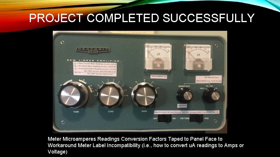 PROJECT COMPLETED SUCCESSFULLY Meter Microamperes Readings Conversion Factors Taped to Panel Face to Workaround