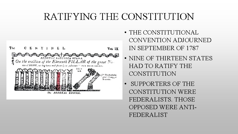 RATIFYING THE CONSTITUTION • THE CONSTITUTIONAL CONVENTION ADJOURNED IN SEPTEMBER OF 1787 • NINE