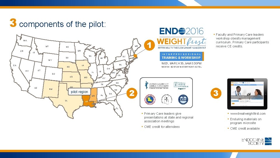 3 components of the pilot: WA MT OR ME ND MN ID WI SD
