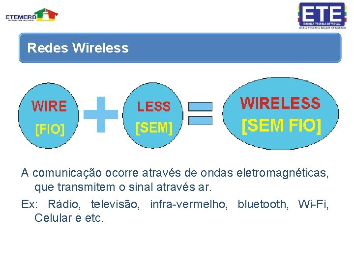 Redes Wireless A comunicação ocorre através de ondas eletromagnéticas, que transmitem o sinal através