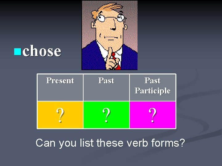 nchose Present Past Participle ? ? ? Can you list these verb forms? 