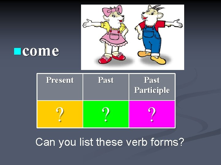 ncome Present Past Participle ? ? ? Can you list these verb forms? 