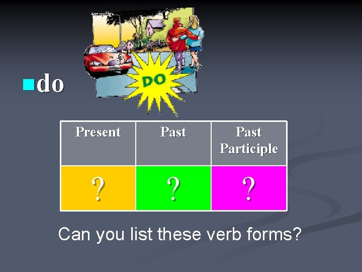 ndo Present Past Participle ? ? ? Can you list these verb forms? 