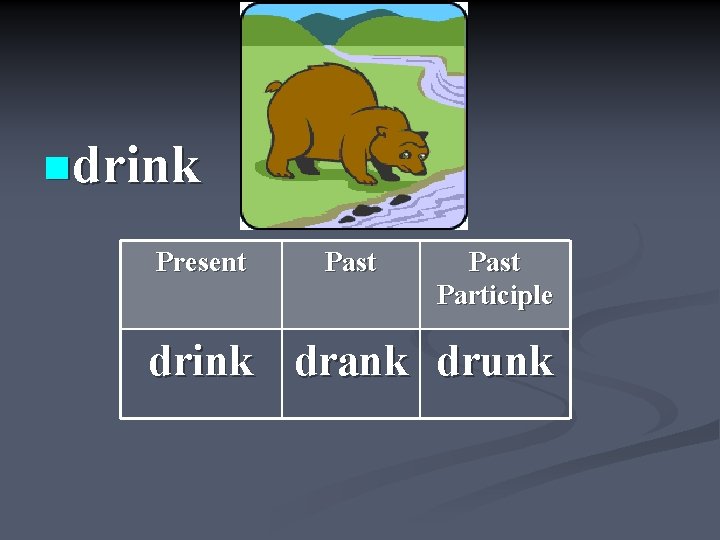 ndrink Present Past Participle drink drank drunk 