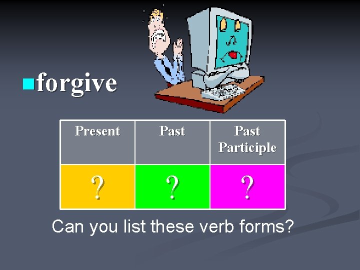 nforgive Present Past Participle ? ? ? Can you list these verb forms? 