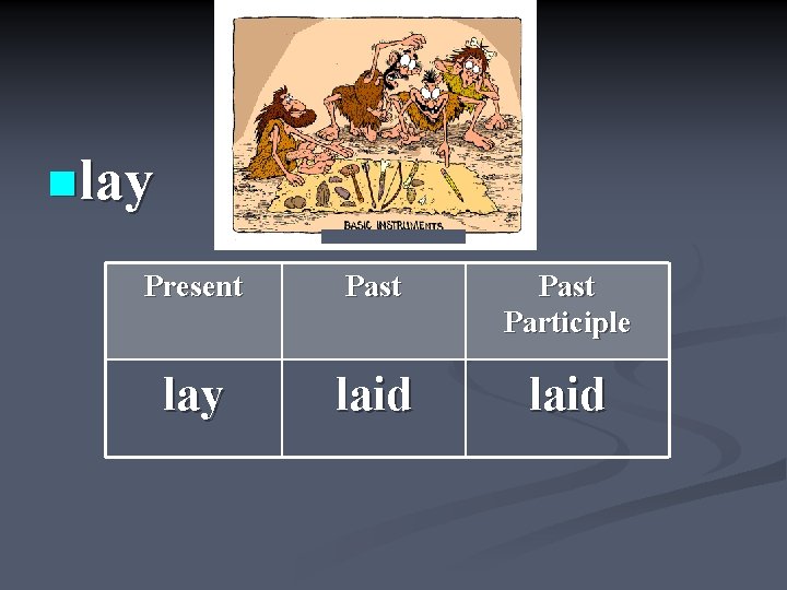 nlay Present Past Participle lay laid 