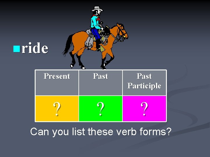 nride Present Past Participle ? ? ? Can you list these verb forms? 