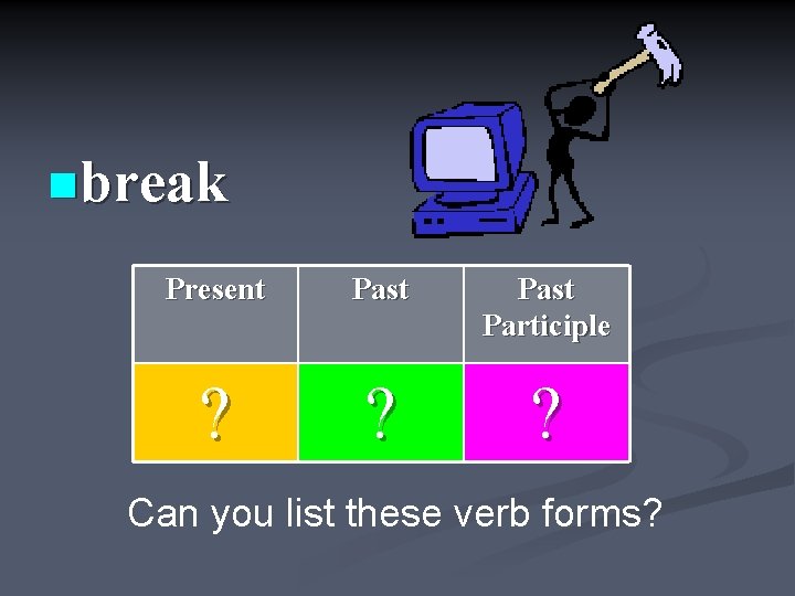 nbreak Present Past Participle ? ? ? Can you list these verb forms? 