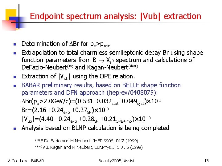 Endpoint spectrum analysis: |Vub| extraction n n Determination of DBr for pe>pmin Extrapolation to