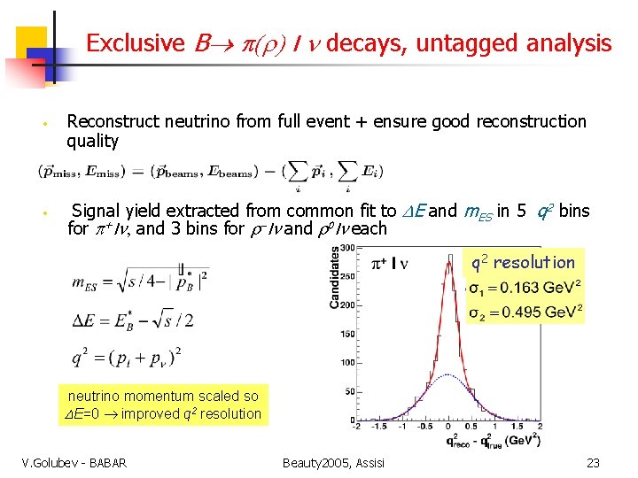 Exclusive B ( ) l decays, untagged analysis • • Reconstruct neutrino from full