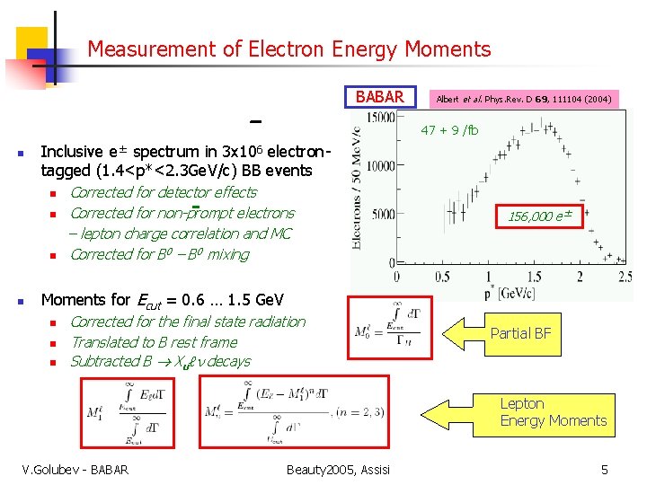 Measurement of Electron Energy Moments BABAR Albert et al. Phys. Rev. D 69, 111104