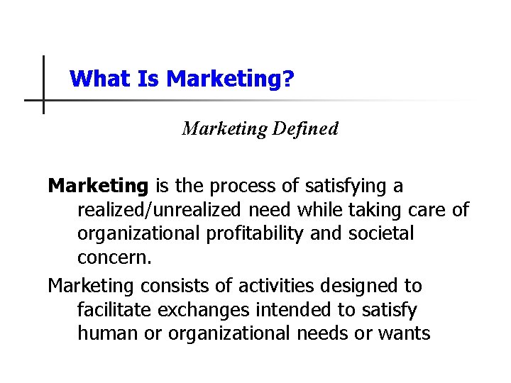 What Is Marketing? Marketing Defined Marketing is the process of satisfying a realized/unrealized need