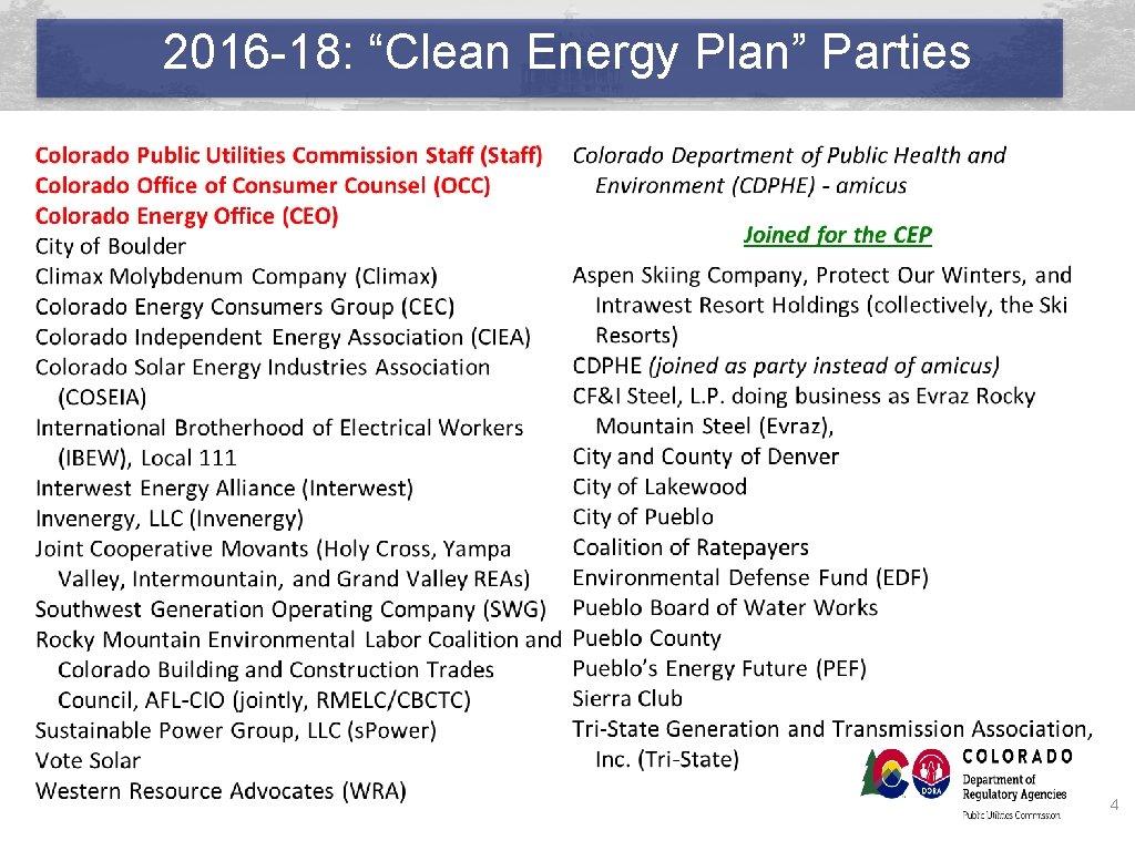 2016 -18: “Clean Energy Plan” Parties 4 