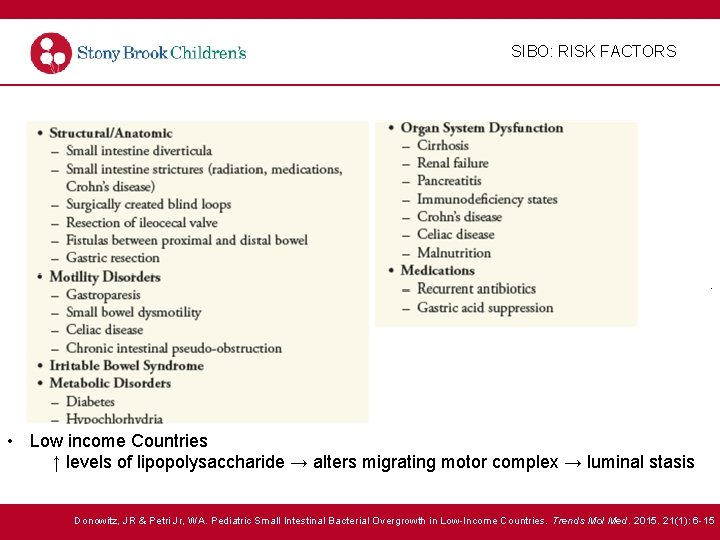 SIBO: RISK FACTORS . • Low income Countries ↑ levels of lipopolysaccharide → alters