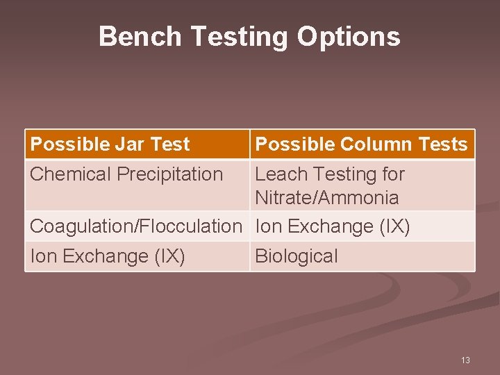 Bench Testing Options Possible Jar Test Possible Column Tests Chemical Precipitation Leach Testing for