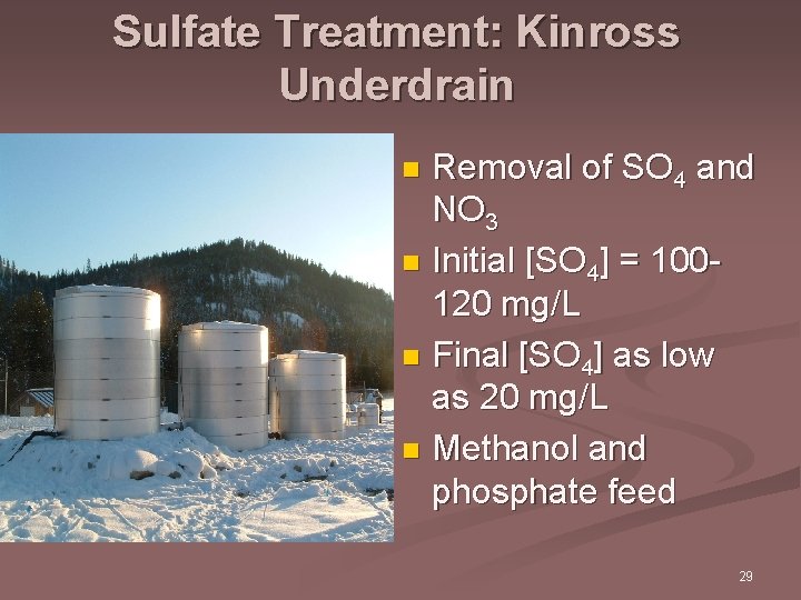 Sulfate Treatment: Kinross Underdrain Removal of SO 4 and NO 3 n Initial [SO