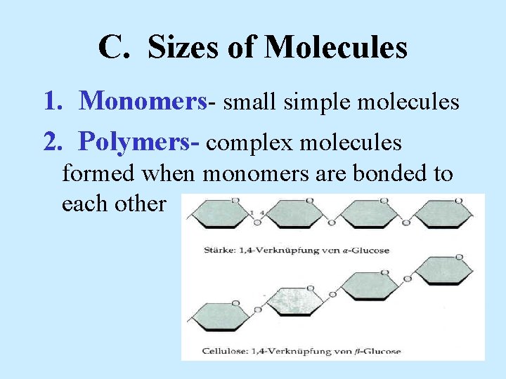 C. Sizes of Molecules 1. Monomers- small simple molecules 2. Polymers- complex molecules formed