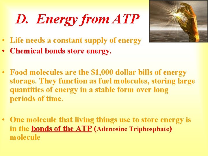 D. Energy from ATP • Life needs a constant supply of energy • Chemical