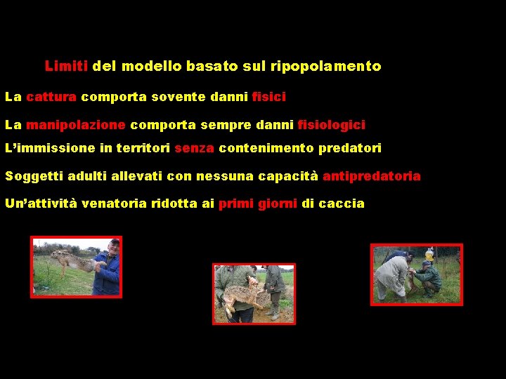 Limiti del modello basato sul ripopolamento La cattura comporta sovente danni fisici La manipolazione