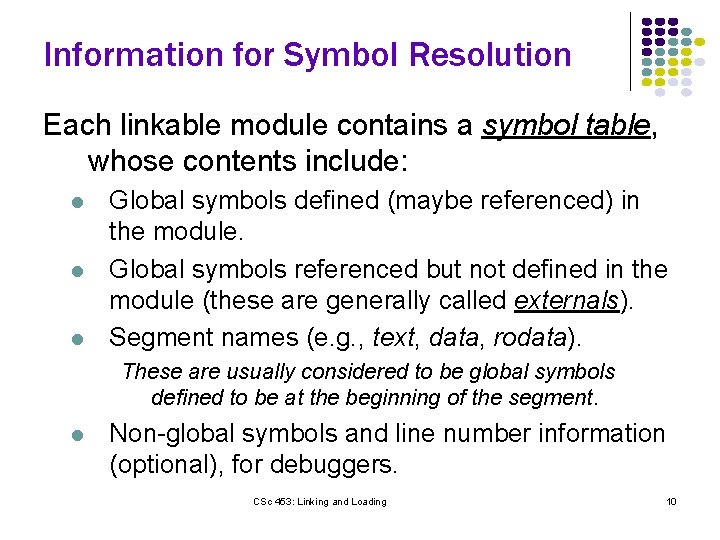 Information for Symbol Resolution Each linkable module contains a symbol table, whose contents include: