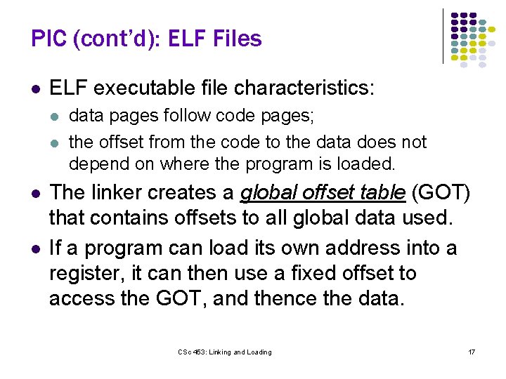 PIC (cont’d): ELF Files l ELF executable file characteristics: l l data pages follow