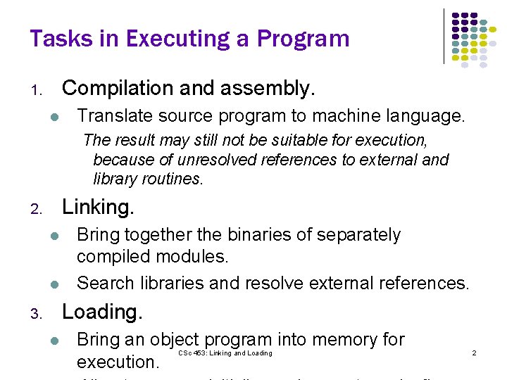 Tasks in Executing a Program Compilation and assembly. 1. l Translate source program to