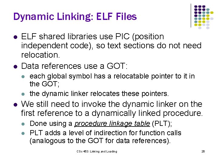 Dynamic Linking: ELF Files l l ELF shared libraries use PIC (position independent code),