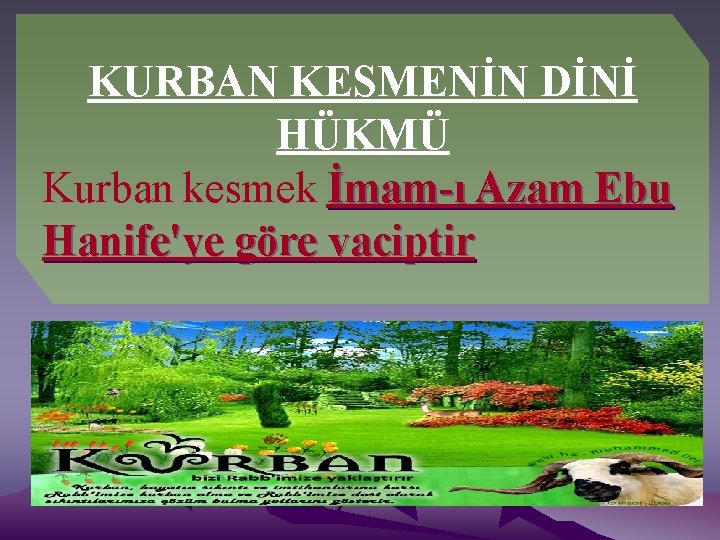 KURBAN KESMENİN DİNİ HÜKMÜ Kurban kesmek İmam-ı Azam Ebu Hanife'ye göre vaciptir 