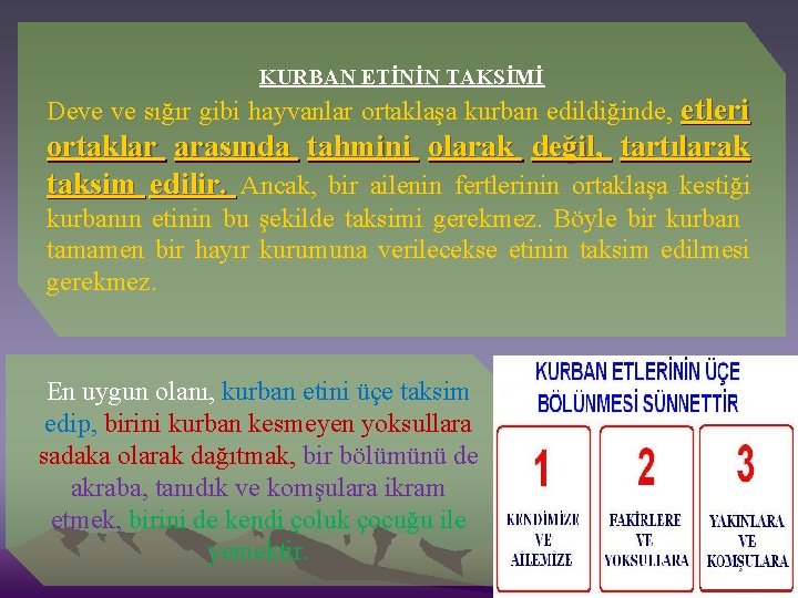 KURBAN ETİNİN TAKSİMİ Deve ve sığır gibi hayvanlar ortaklaşa kurban edildiğinde, etleri ortaklar arasında