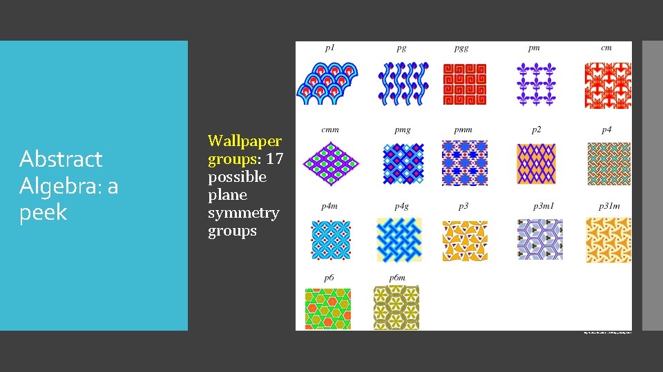 Abstract Algebra: a peek Wallpaper groups: 17 possible plane symmetry groups http: //mathworld. wolfram.