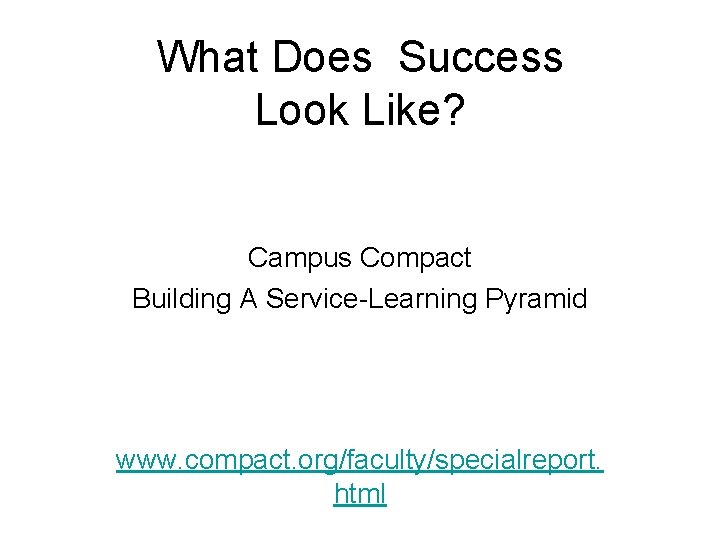 What Does Success Look Like? Campus Compact Building A Service-Learning Pyramid www. compact. org/faculty/specialreport.
